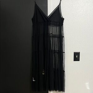 Black Sheer Strapless-Look Polka Mesh Slip Dress